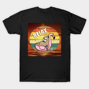 Sloth Funny Graphic Design Retro Relax Sunset Sloths & Flamingo in Sunset Vintage Ocean T-Shirt